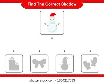 Find the correct shadow. Find and match the correct shadow of Snowman. Educational children game, printable worksheet, vector illustration