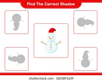 Find the correct shadow. Find and match the correct shadow of Snowman. Educational children game, printable worksheet, vector illustration
