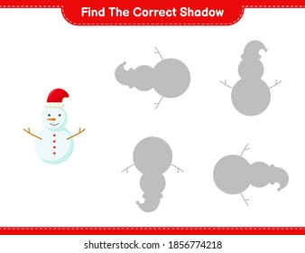 Find the correct shadow. Find and match the correct shadow of Snowman. Educational children game, printable worksheet, vector illustration