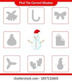 Find the correct shadow. Find and match the correct shadow of Snowman. Educational children game, printable worksheet, vector illustration