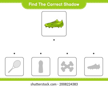 Finden Sie den richtigen Schatten. Finden Sie den richtigen Schatten der Fußballschuhe und passen Sie ihn an. Kinderspiel, druckbares Arbeitsblatt, Vektorgrafik