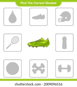 Find the correct shadow. Find and match the correct shadow of Soccer Shoes. Educational children game, printable worksheet, vector illustration