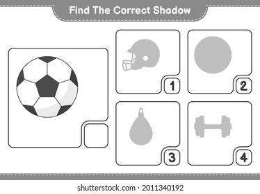 Encuentra la sombra correcta. Buscar y coincidir con la sombra correcta de Soccer Ball. Juego infantil educativo, hoja de cálculo imprimible, ilustración vectorial
