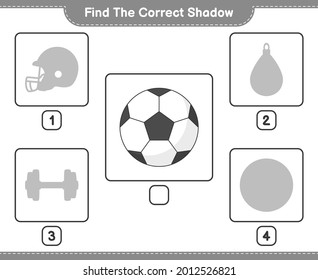 Encuentra la sombra correcta. Buscar y coincidir con la sombra correcta de Soccer Ball. Juego infantil educativo, hoja de cálculo imprimible, ilustración vectorial