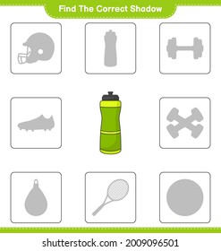 Finden Sie den richtigen Schatten. Finden Sie und passen Sie den richtigen Schatten der Sport Water Flasche. Kinderspiel, druckbares Arbeitsblatt, Vektorgrafik