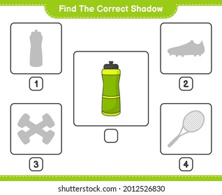Find the correct shadow. Find and match the correct shadow of Sport Water Bottle. Educational children game, printable worksheet, vector illustration