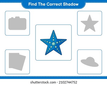 Encuentra la sombra correcta. Buscar y coincidir con la sombra correcta de Starfish. Juego infantil educativo, hoja de cálculo imprimible, ilustración vectorial