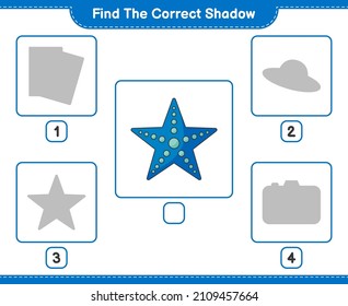 Find the correct shadow. Find and match the correct shadow of Starfish. Educational children game, printable worksheet, vector illustration