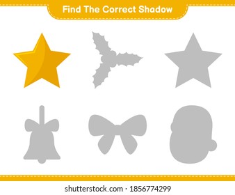 Finden Sie den richtigen Schatten. Finden Sie den richtigen Schatten der Sterne und passen Sie ihn an. Kinderspiel, druckbares Arbeitsblatt, Vektorgrafik
