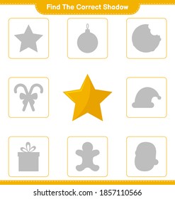 Find the correct shadow. Find and match the correct shadow of Stars. Educational children game, printable worksheet, vector illustration
