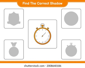 Find the correct shadow. Find and match the correct shadow of Stopwatch. Educational children game, printable worksheet, vector illustration