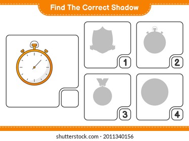 Encuentra la sombra correcta. Buscar y coincidir con la sombra correcta de Stopwatch. Juego infantil educativo, hoja de cálculo imprimible, ilustración vectorial