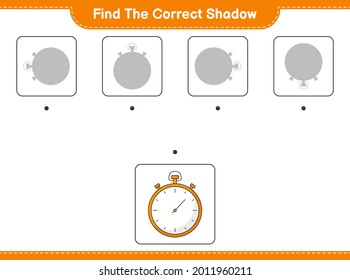 Encuentra la sombra correcta. Buscar y coincidir con la sombra correcta de Stopwatch. Juego infantil educativo, hoja de cálculo imprimible, ilustración vectorial