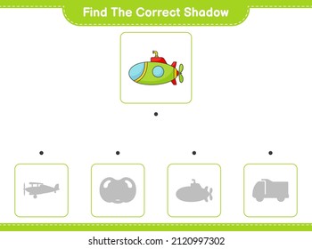 Find the correct shadow. Find and match the correct shadow of Submarine. Educational children game, printable worksheet, vector illustration