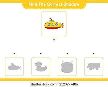 Find the correct shadow. Find and match the correct shadow of Submarine. Educational children game, printable worksheet, vector illustration