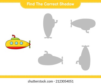 Encuentra la sombra correcta. Buscar y coincidir con la sombra correcta de Submarine. Juego infantil educativo, hoja de cálculo imprimible, ilustración vectorial