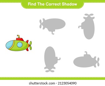 Find the correct shadow. Find and match the correct shadow of Submarine. Educational children game, printable worksheet, vector illustration