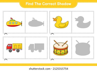 Find the correct shadow. Find and match the correct shadow of Submarine, Duck, Lorry, and Drum. Educational children game, printable worksheet, vector illustration