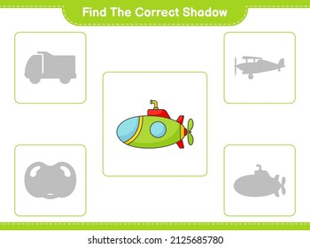 Find the correct shadow. Find and match the correct shadow of Submarine. Educational children game, printable worksheet, vector illustration