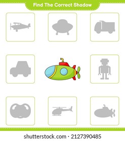 Find the correct shadow. Find and match the correct shadow of Submarine. Educational children game, printable worksheet, vector illustration