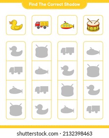 Find the correct shadow. Find and match the correct shadow of Submarine, Rubber Duck, Lorry, and Drum. Educational children game, printable worksheet, vector illustration