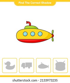 Find the correct shadow. Find and match the correct shadow of Submarine. Educational children game, printable worksheet, vector illustration