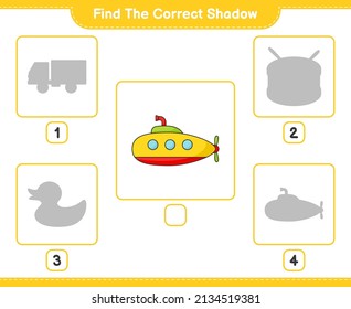 Find the correct shadow. Find and match the correct shadow of Submarine. Educational children game, printable worksheet, vector illustration