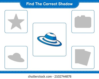 Find the correct shadow. Find and match the correct shadow of Summer Hat. Educational children game, printable worksheet, vector illustration