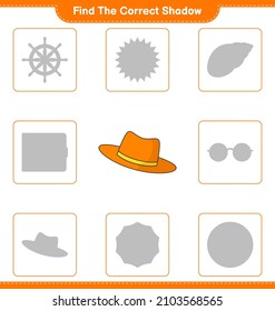 Find the correct shadow. Find and match the correct shadow of Summer Hat. Educational children game, printable worksheet, vector illustration