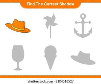 Find the correct shadow. Find and match the correct shadow of Summer Hat. Educational children game, printable worksheet, vector illustration