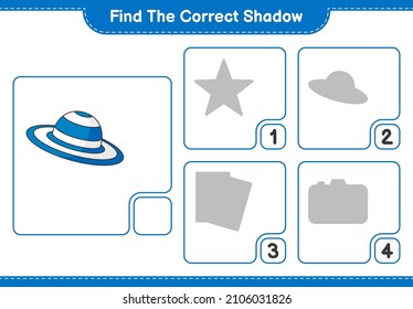 Find the correct shadow. Find and match the correct shadow of Summer Hat. Educational children game, printable worksheet, vector illustration