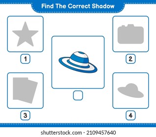 Encuentra la sombra correcta. Encuentra y concuerda con la sombra correcta del Sombrero de Verano. Juego infantil educativo, hoja de cálculo imprimible, ilustración vectorial