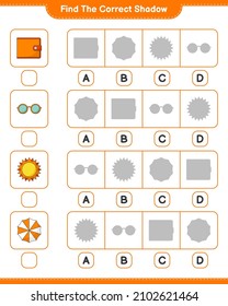 Find the correct shadow. Find and match the correct shadow of Sun, Umbrella, Wallet, and Sunglasses. Educational children game, printable worksheet, vector illustration