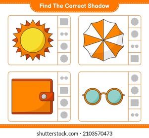 Find the correct shadow. Find and match the correct shadow of Sun, Umbrella, Wallet, and Sunglasses. Educational children game, printable worksheet, vector illustration