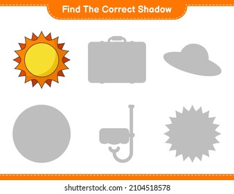 Find the correct shadow. Find and match the correct shadow of Sun. Educational children game, printable worksheet, vector illustration
