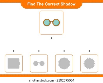 Encuentra la sombra correcta. Encuentra y concuerda con la sombra correcta de las gafas de sol. Juego infantil educativo, hoja de cálculo imprimible, ilustración vectorial
