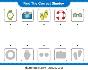 Find the correct shadow. Find and match the correct shadow of Sunglasses, Flip Flop, Watches, Camera, and Lifebuoy. Educational children game, printable worksheet, vector illustration