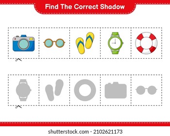 Find the correct shadow. Find and match the correct shadow of Sunglasses, Flip Flop, Watches, Camera, and Lifebuoy. Educational children game, printable worksheet, vector illustration