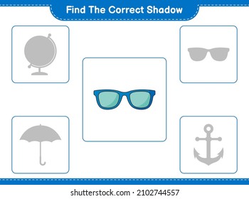 Find the correct shadow. Find and match the correct shadow of Sunglasses. Educational children game, printable worksheet, vector illustration
