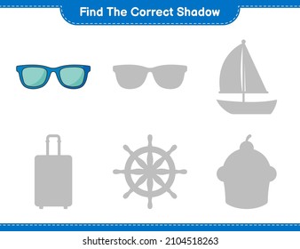 Encuentra la sombra correcta. Encuentra y concuerda con la sombra correcta de las gafas de sol. Juego infantil educativo, hoja de cálculo imprimible, ilustración vectorial
