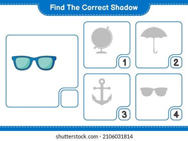 Find the correct shadow. Find and match the correct shadow of Sunglasses. Educational children game, printable worksheet, vector illustration