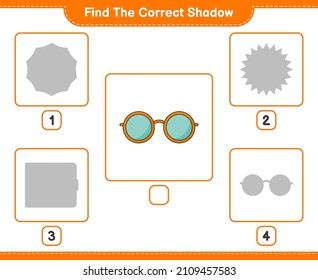 Finden Sie den richtigen Schatten. Finden Sie den richtigen Schatten der Sonnenbrille und passen Sie ihn an. Kinderspiel, druckbares Arbeitsblatt, Vektorgrafik