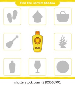 Encuentra la sombra correcta. Buscar y coincidir con la sombra correcta de Sunscreen. Juego infantil educativo, hoja de cálculo imprimible, ilustración vectorial