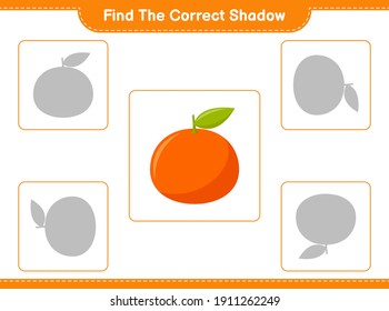 Encuentra la sombra correcta. Buscar y coincidir con la sombra correcta de Tangerin. Juego infantil educativo, hoja de cálculo imprimible, ilustración vectorial