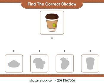 Finden Sie den richtigen Schatten. Finden Sie den passenden Schatten des Tea Cup. Kinderspiel, druckbares Arbeitsblatt, Vektorgrafik