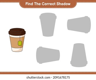 Encuentra la sombra correcta. Encuentra y coincide con la sombra correcta de la Tea Cup. Juego infantil educativo, hoja de cálculo imprimible, ilustración vectorial