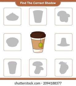 Encuentra la sombra correcta. Encuentra y coincide con la sombra correcta de la Tea Cup. Juego infantil educativo, hoja de cálculo imprimible, ilustración vectorial