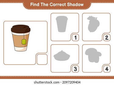 Find the correct shadow. Find and match the correct shadow of Tea Cup. Educational children game, printable worksheet, vector illustration