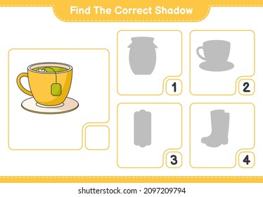 Find the correct shadow. Find and match the correct shadow of Tea Cup. Educational children game, printable worksheet, vector illustration