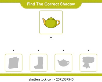 Find the correct shadow. Find and match the correct shadow of Teapot. Educational children game, printable worksheet, vector illustration